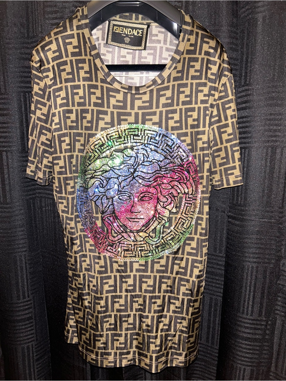 Fendi Brown Monogram Tee with Iridescent Medusa Motif